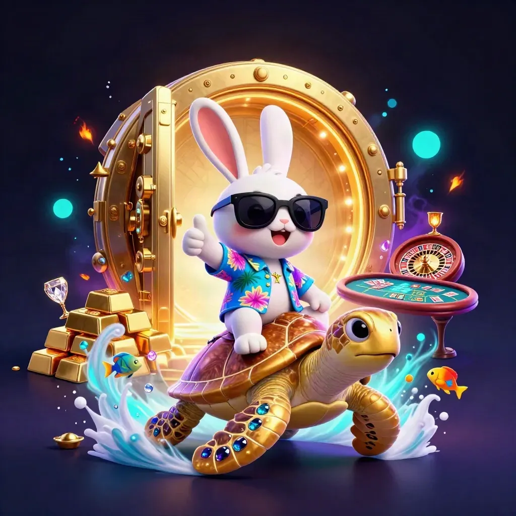 Lucky rabbit rides a jeweled sea turtle through casino treasure and neon light