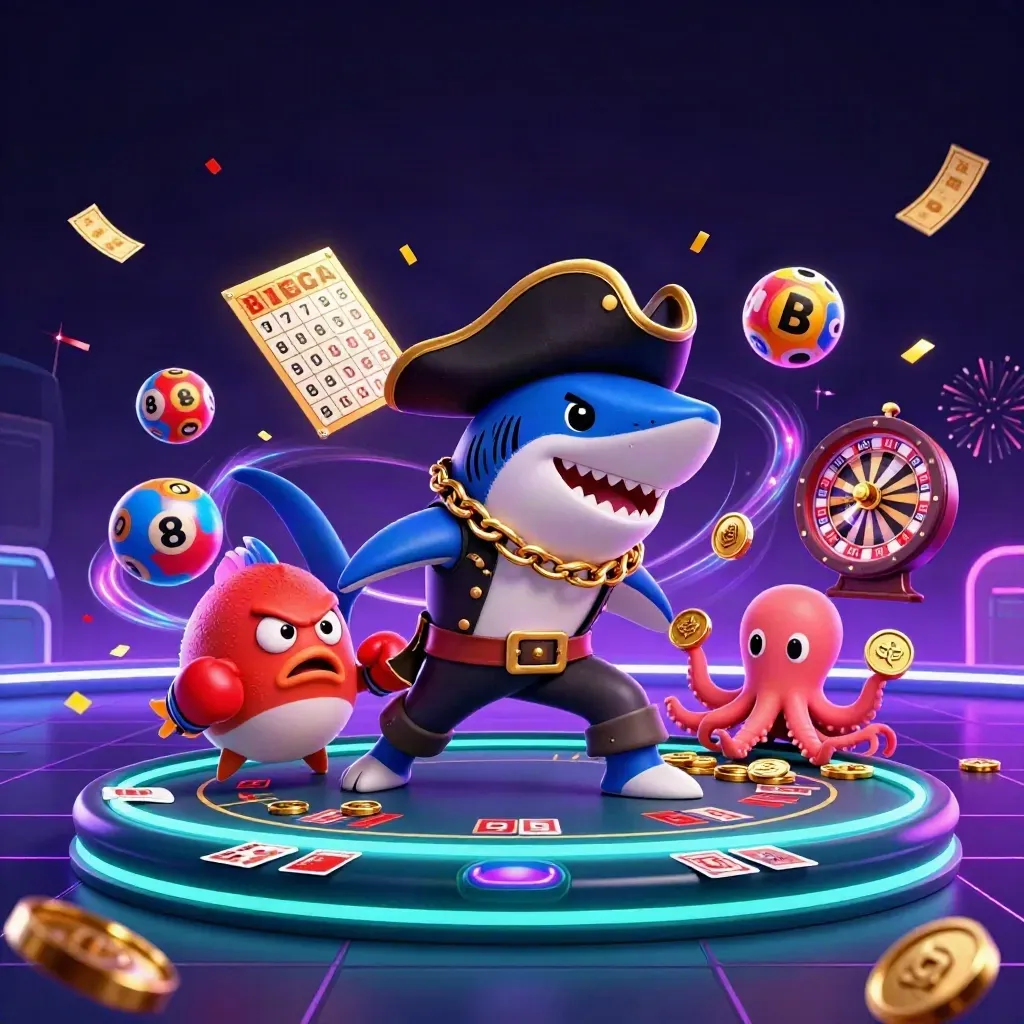 Pirate shark, boxing pufferfish, and juggling octopus amid casino effects and glowing neon lights.