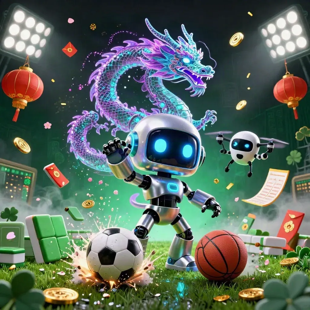 Cyberpunk robot, holographic dragon and coin drone amid sports balls, lanterns and casino sparks