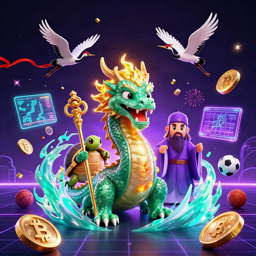 Emerald dragon, turtle sage, and cranes amid casino coins, lightning, and neon sports energy.