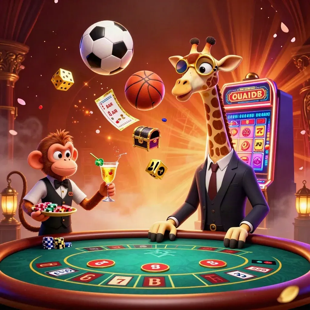 3D giraffe, monkey, and chameleon amid exploding slot jackpots and sports balls in neon casino light