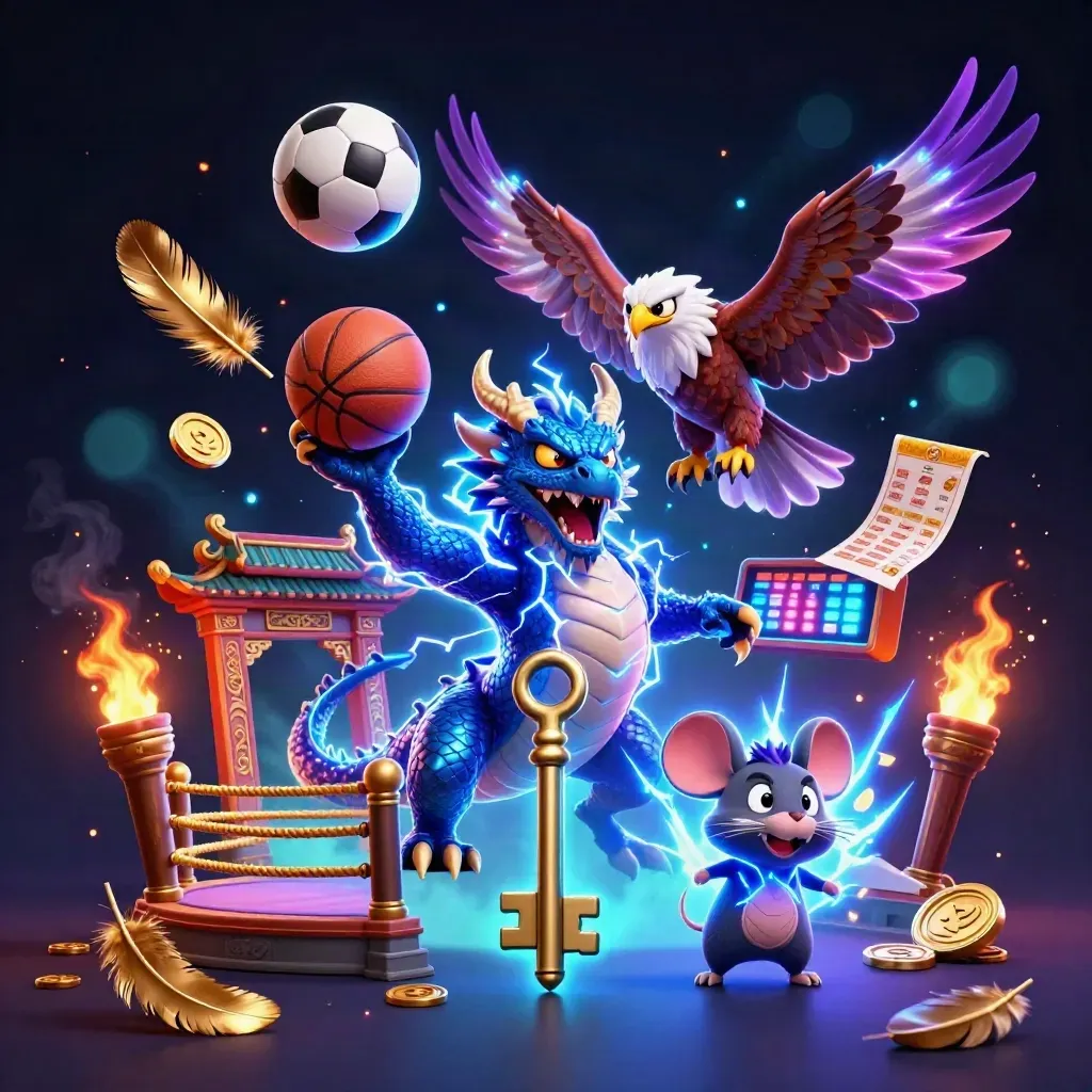 Thunder dragon, wind hawk, and static mouse amid sports gear, coins, and neon casino lightning.