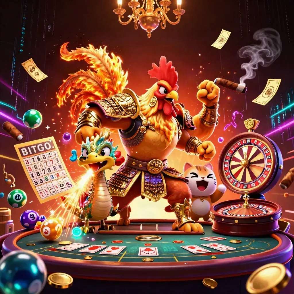 Rooster samurai, spark-breathing dragon hatchling, and cheering cat in neon casino chaos.