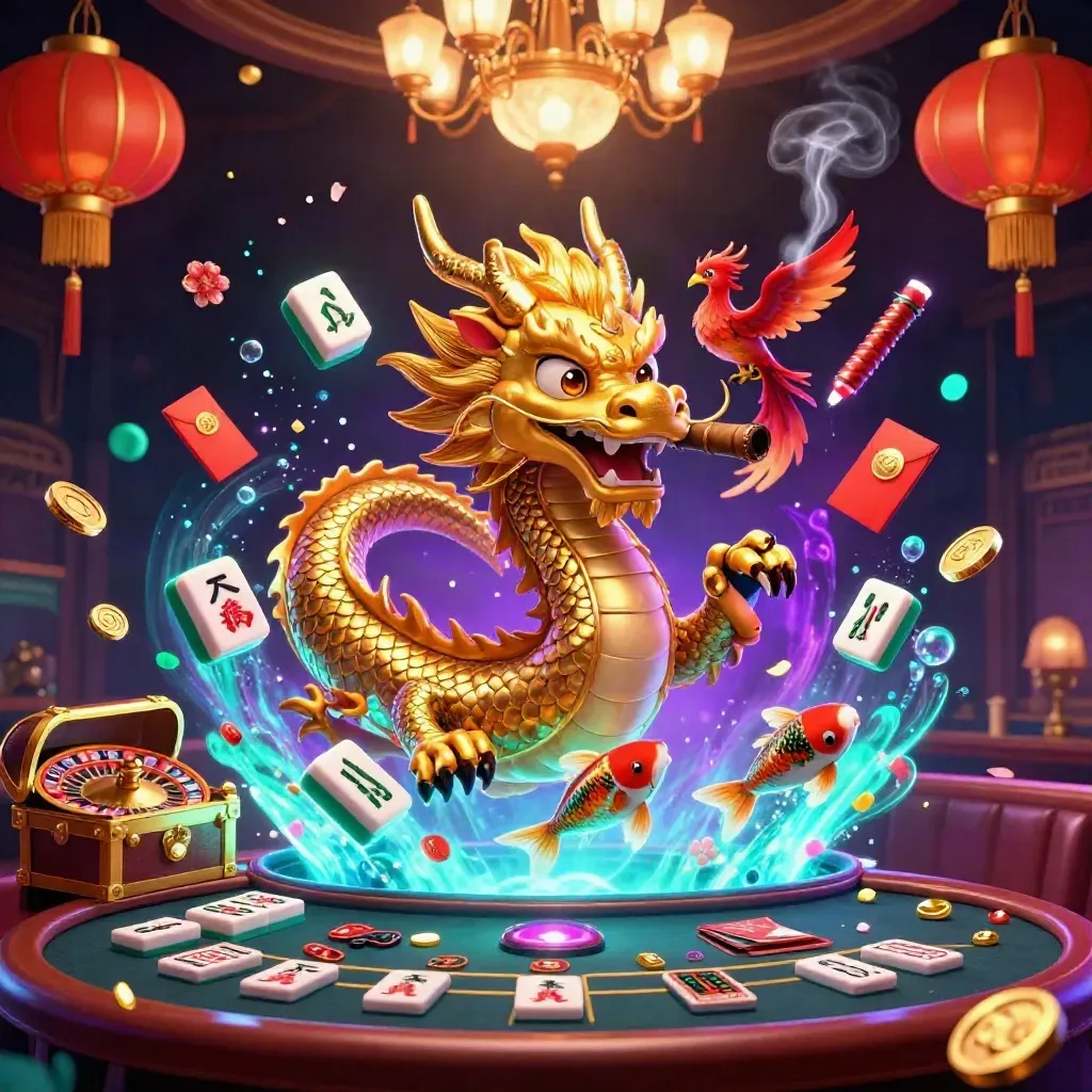 Golden dragon and phoenix amid casino glow, jade coins, lanterns, roulette and neon bokeh