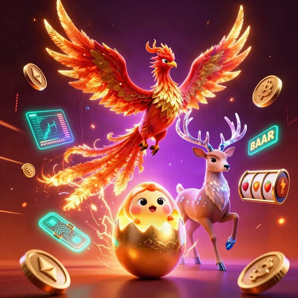 Phoenix, hatching chick, and crystal-antler stag amid casino coins, neon bolts, and ember glow.