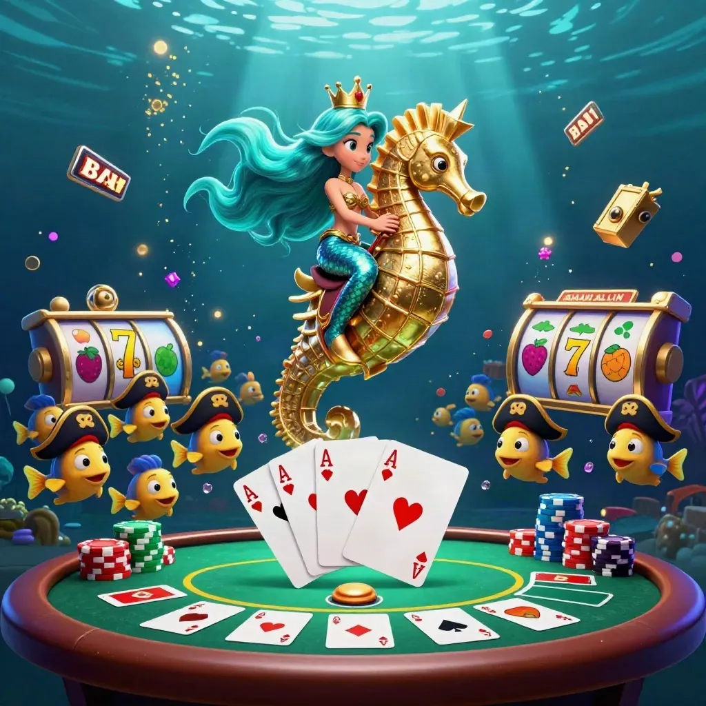 Mermaid princess on armored seahorse amid chips, cards, fish, and glowing casino treasure underwater