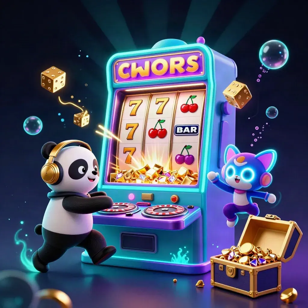 DJ panda, breakdancing monkey, and rave kitten burst around a teal jackpot machine and treasure chest.