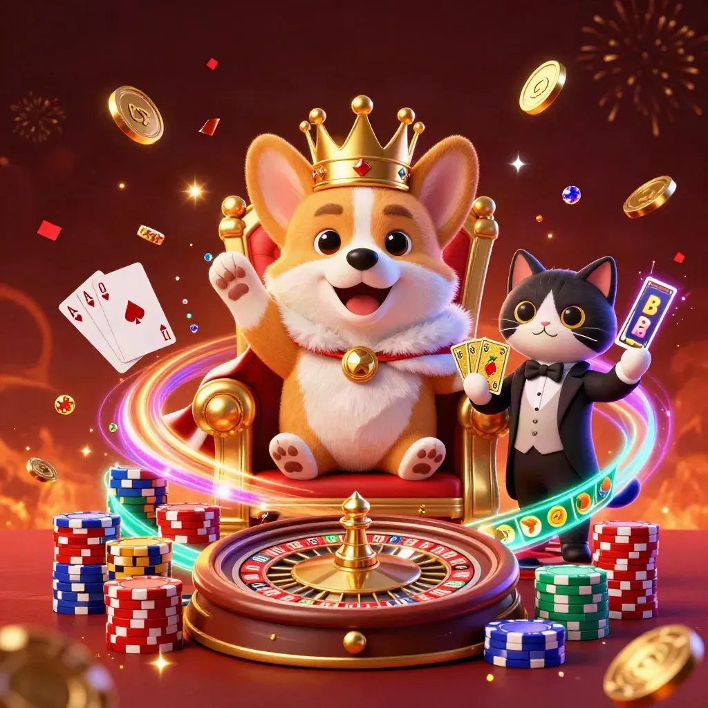 Royal corgi and cat butler on chip throne amid coins, gems, roulette wheel, and purple neon glow