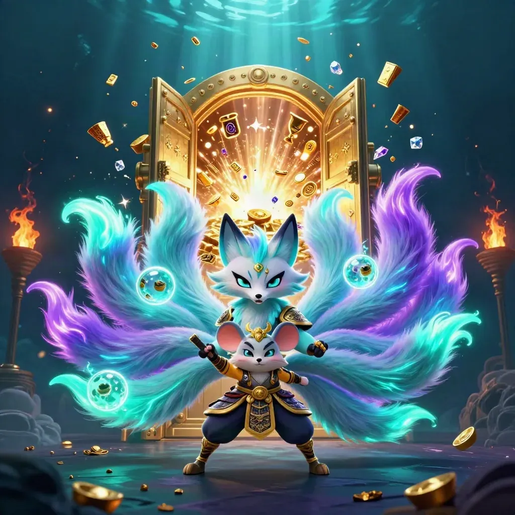 Nine-tailed fox spirit and armored mouse amid a bursting treasure vault, glowing teal and gold.