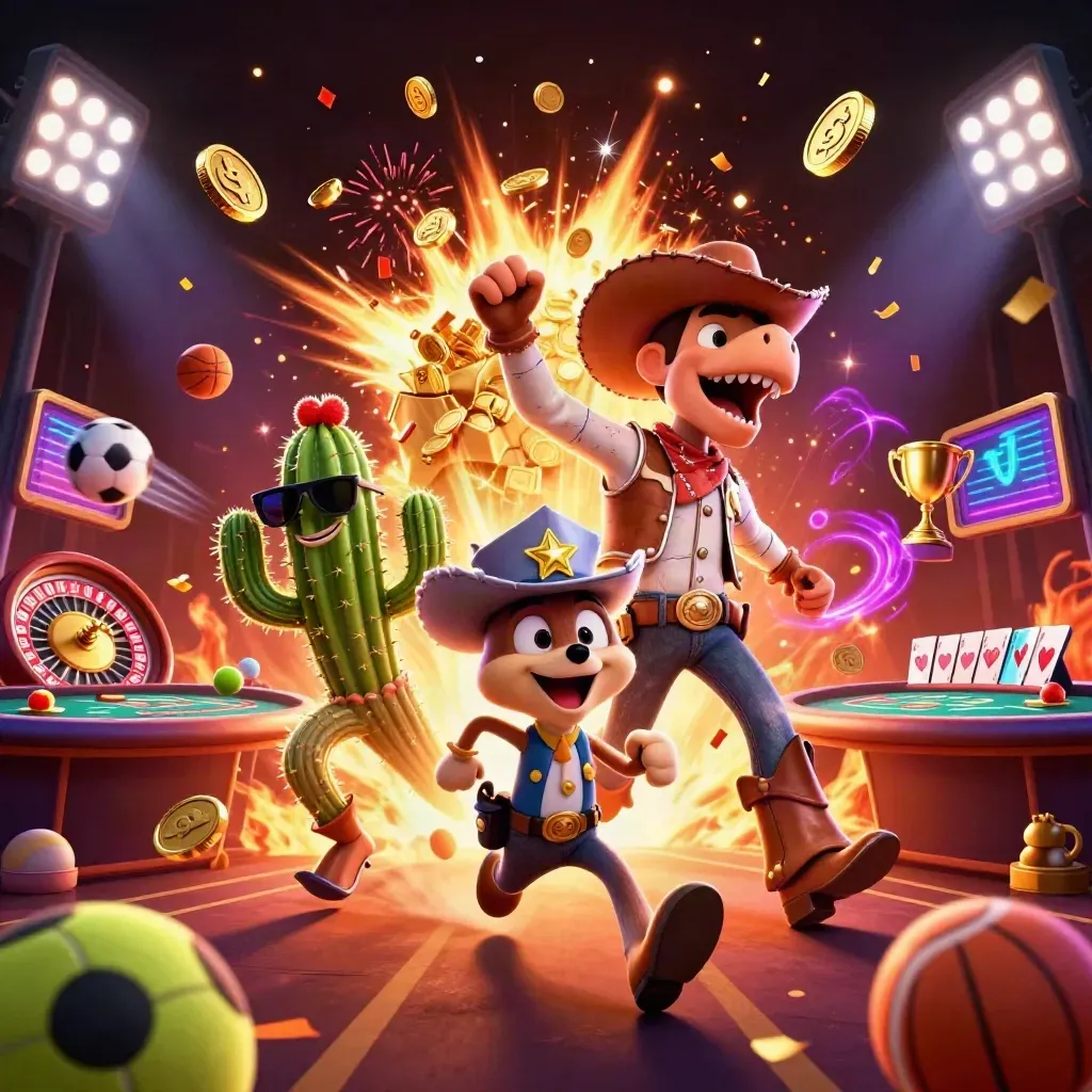 Cowboy T-Rex, cactus, and roadrunner amid casino coins, fireworks, and jackpot energy.