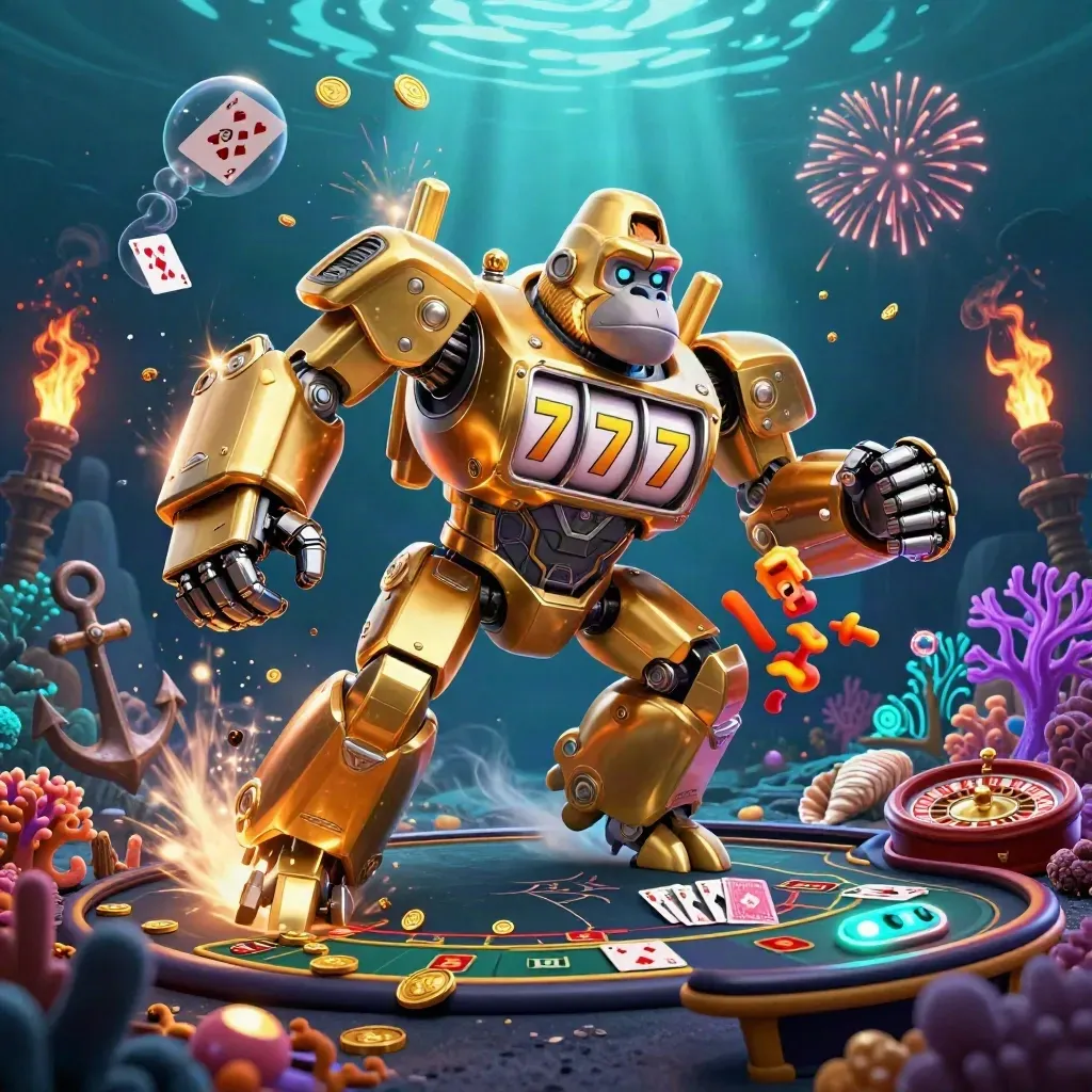 Golden gorilla mech and monkey pilot in an underwater treasure cove with coins, coral, cards, and casino props.
