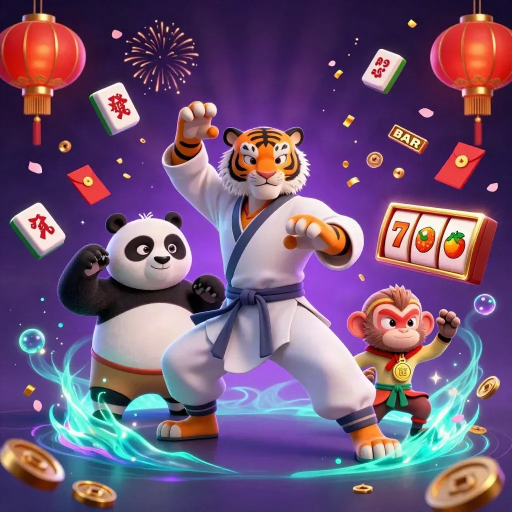 Kung-fu tiger, panda, and monkey amid glowing casino charms on a dark purple backdrop.