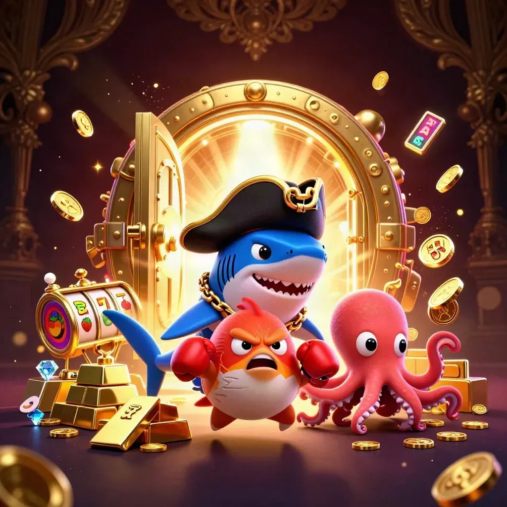 Pirate shark, boxing pufferfish, and coin-juggling octopus burst from a glowing gold vault.