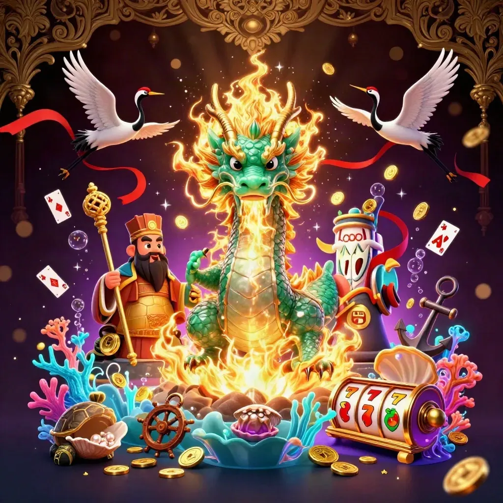 Jade dragon with turtle sage and cranes amid casino treasure, golden fire, reels, and luxe dark bokeh