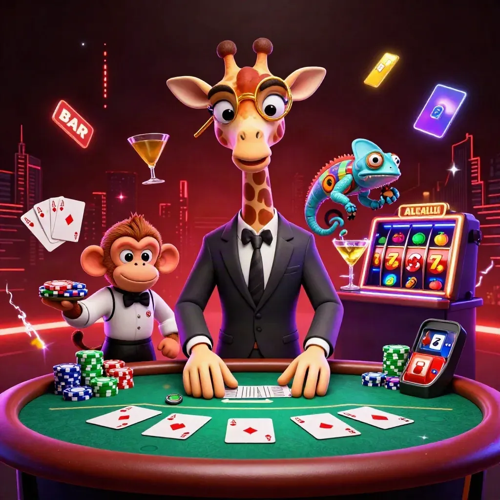 3D cartoon giraffe, monkey, and chameleon at a glowing poker table with chips, reels, and jackpots