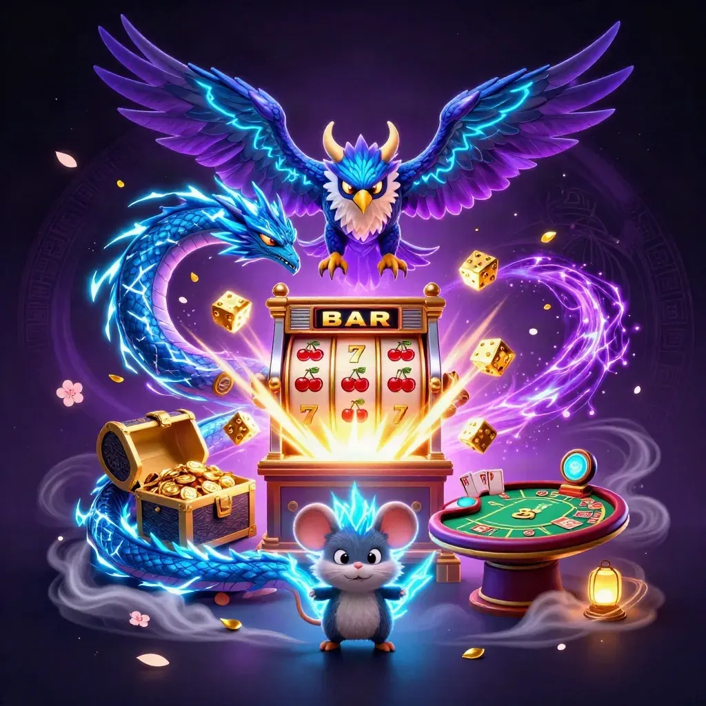 Thunder dragon, glowing hawk, and static mouse explode around a jackpot slot machine with gold and neon.