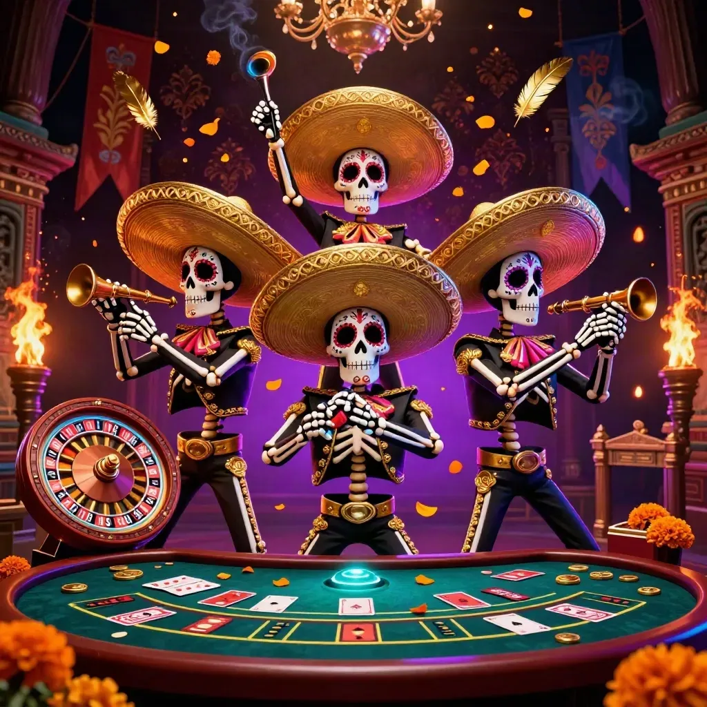 Skeleton mariachi trio amid casino luck, roulette, cards, gold, embers, and neon luxe glow