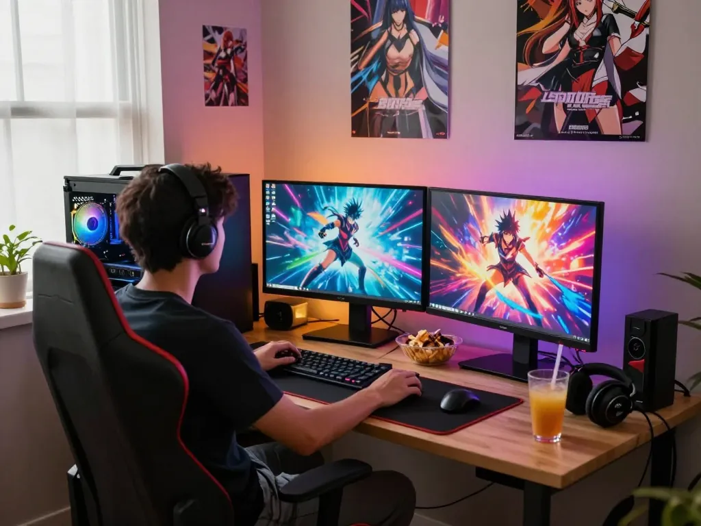 Engaging player immersed in hentai games at a vibrant gaming setup with snacks and cozy lighting.