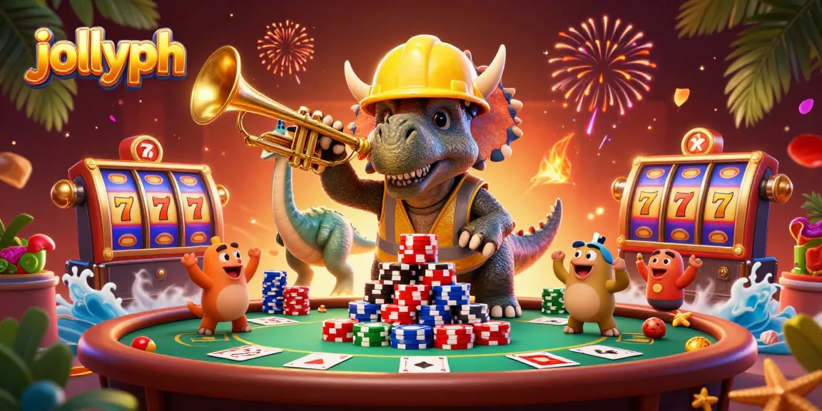 Experience thrilling poker action with Jollyph, where a triceratops builds chip pyramids in celebration.