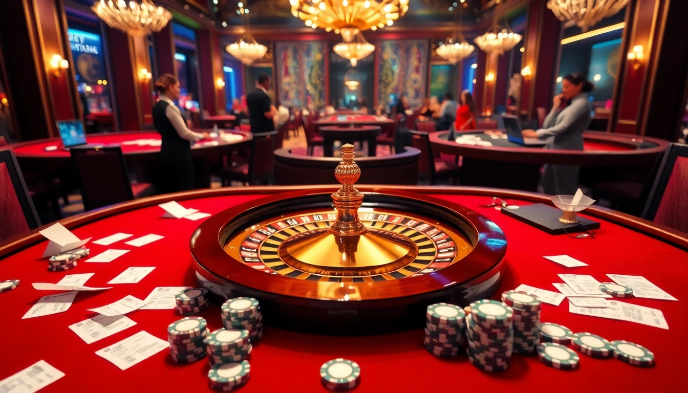 Experience the excitement of gambling at TG88 with a vibrant casino scene showcasing roulette, poker chips, and online betting features.
