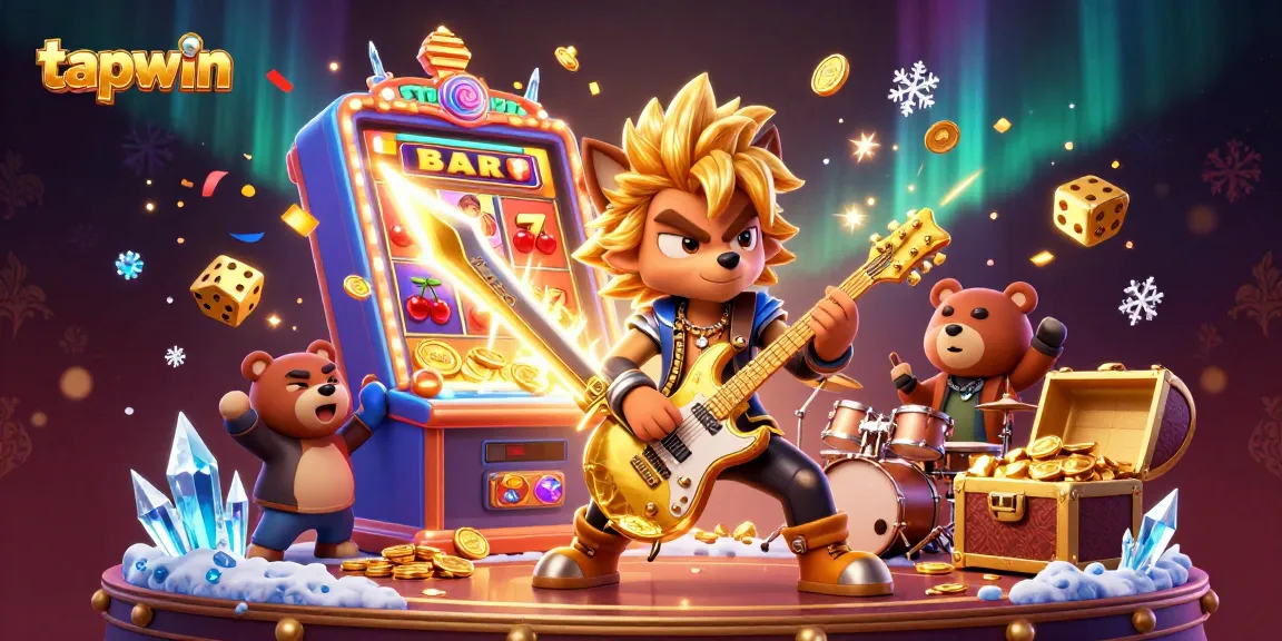 Engage in thrilling gameplay at tapwin with a cartoon rock star wolf shredding on a casino stage, celebrating a jackpot.