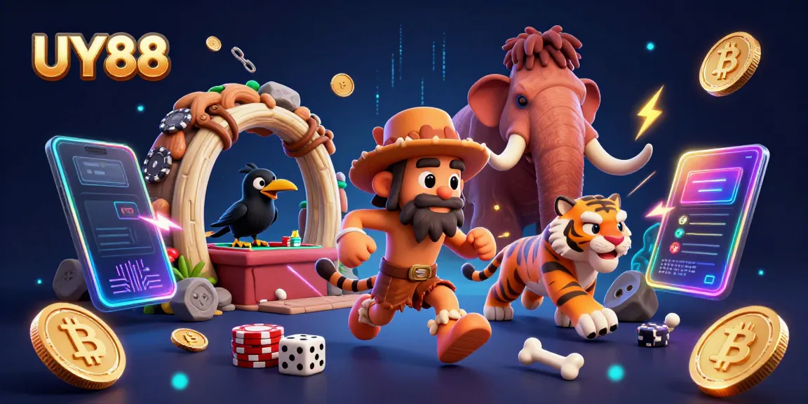 Experience the excitement at UY88's prehistoric casino with dynamic characters and vibrant elements.