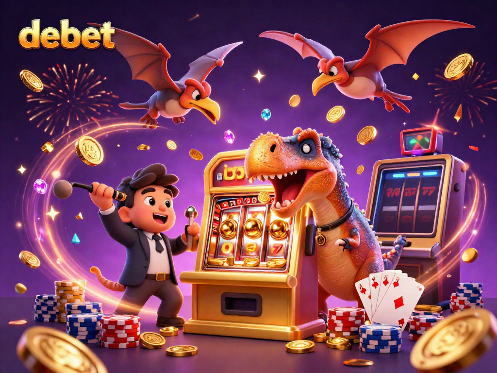 Experience the thrill of debet with dinosaurs hitting jackpots amid a vibrant casino scene.