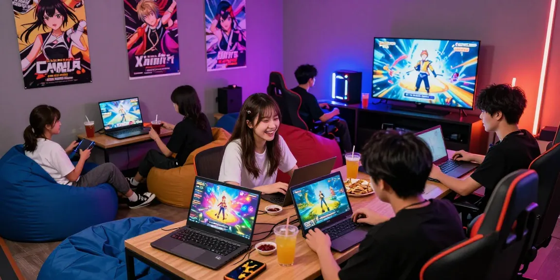 Players enjoying hentaigame visual novels in a vibrant gaming lounge with LED lighting and snacks.