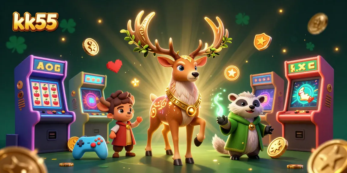 Experience thrilling gaming action with kk55 in this vibrant 3D casino scene filled with slot reels and colorful game elements.