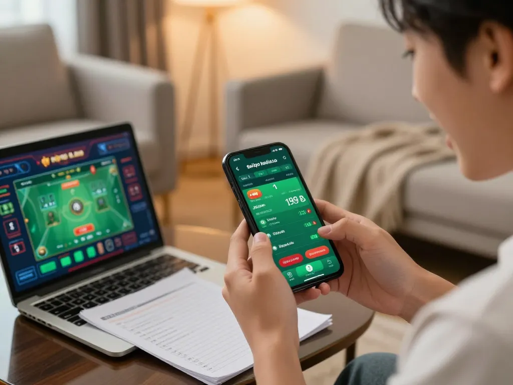 Engaging user enjoying soi kèo nhà cái app on smartphone in cozy living room.
