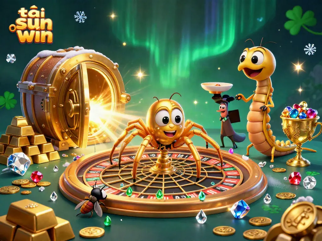 Experience the thrill of tải sun win with a dynamic scene featuring a roulette web and lively characters in a gold-filled virtual casino.
