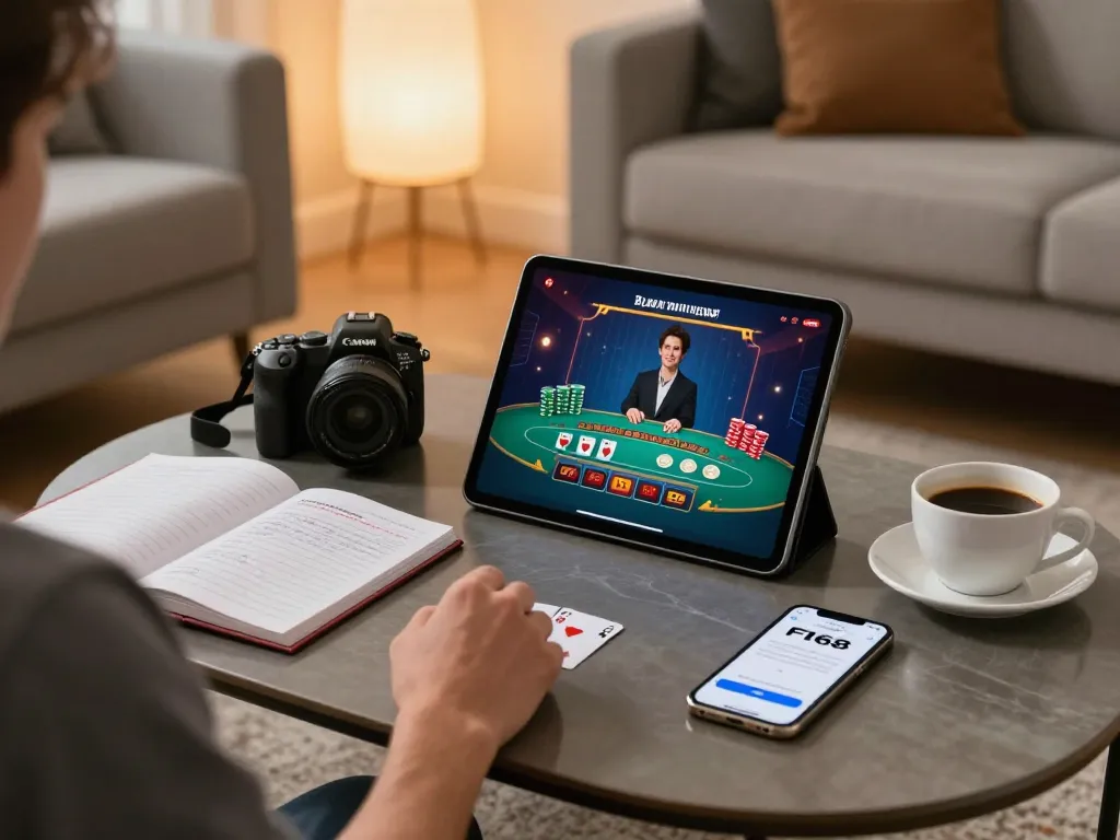 Player using F168 app for online blackjack in a modern living room setting