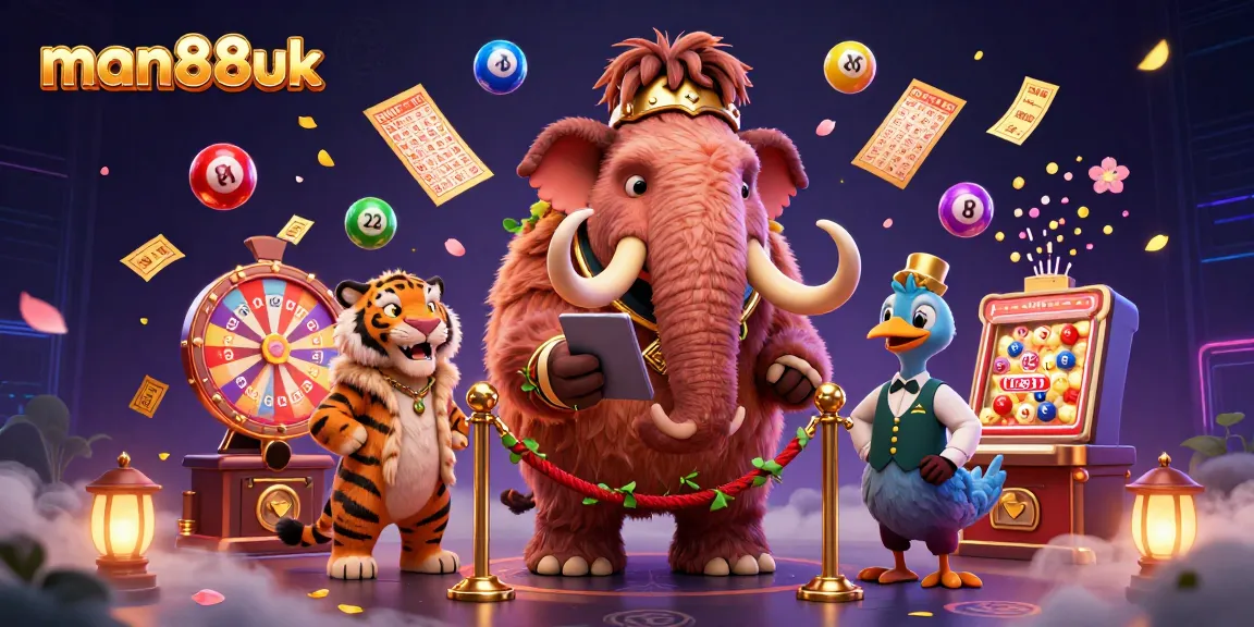 Experience the vibrant excitement of man88uk with a 3D mammoth bouncer and colorful lottery elements.