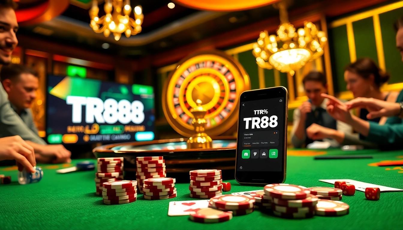 Players enjoying exciting games at TR88's luxurious online casino interface with vibrant chips and cards.