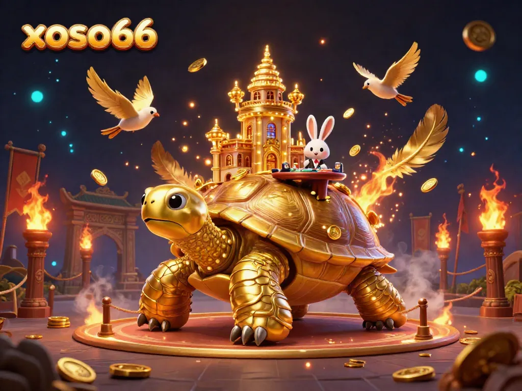 Experience the excitement of xoso66 with a vibrant 3D casino scene featuring a golden tortoise and rabbit dealer.