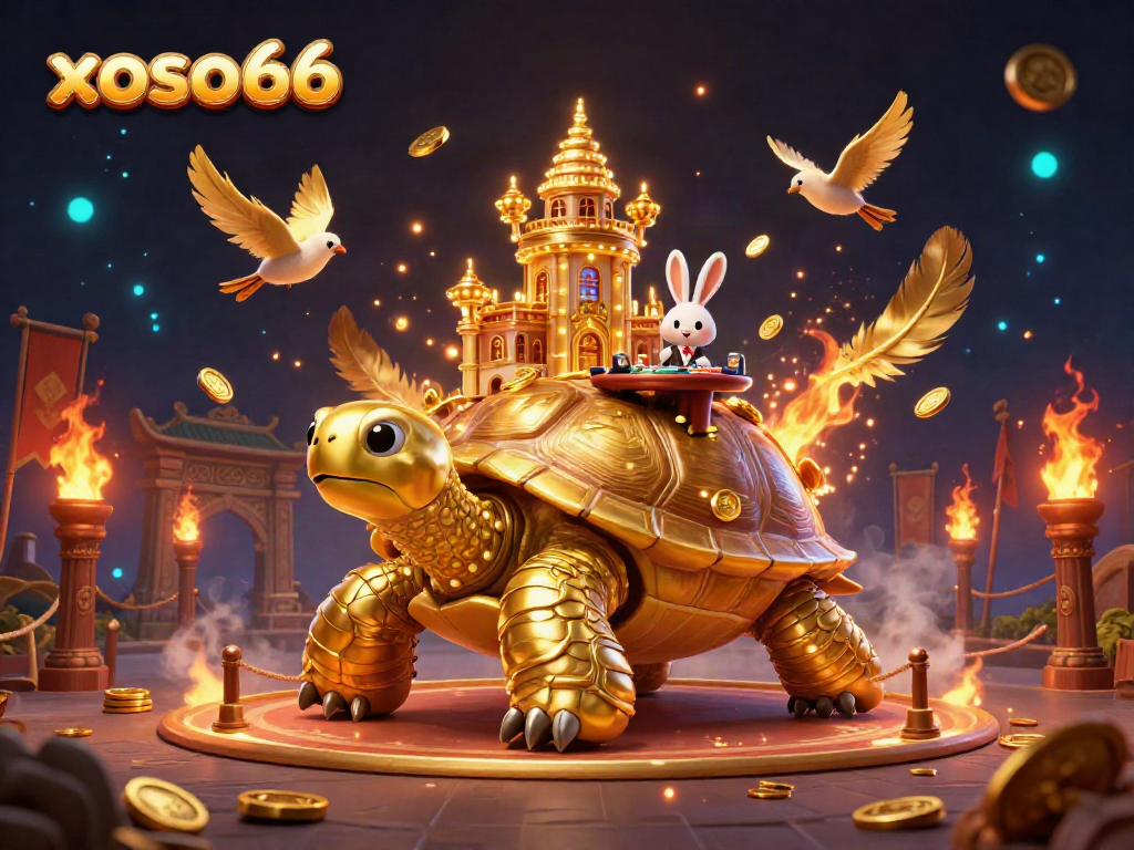 Experience the excitement of xoso66 with a vibrant 3D casino scene featuring a golden tortoise and rabbit dealer.