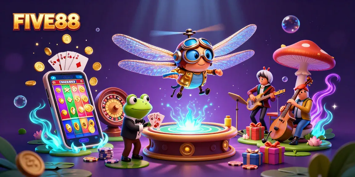 Engage with FIVE88's vibrant casino scene featuring a dragonfly pilot and frog croupier.