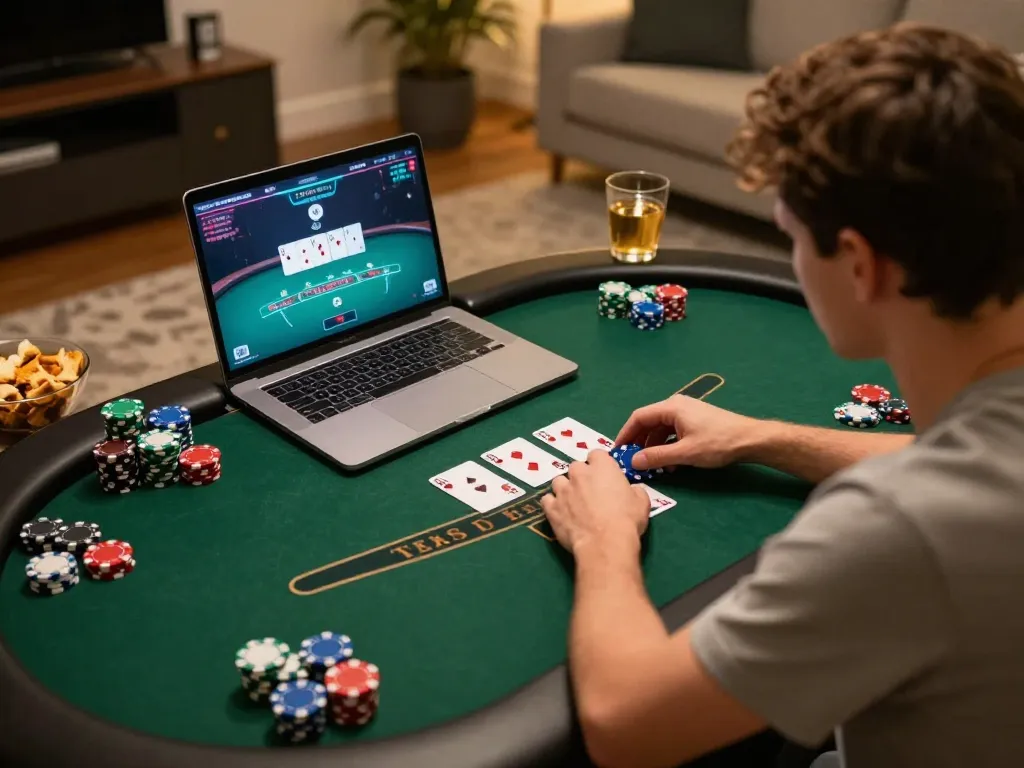 Engage in online poker gaming at https://taya365.ink/ with cash chips shown on the table and cards in play.