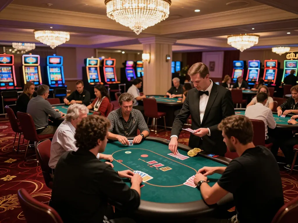 Players engaging in poker games at a sophisticated shbet casino floor, dynamic atmosphere with elegant lighting.