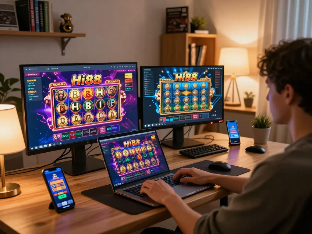 Engaging in hi88 nổ hũ slot games on a laptop, showcasing colorful game interface and home office setting.