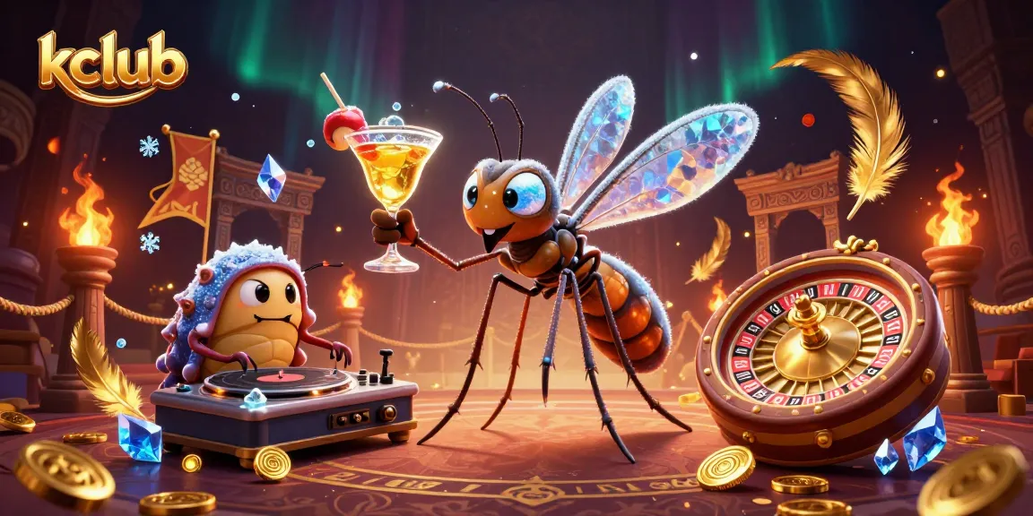 Experience thrilling gameplay with kclub's frozen mosquito mascot and trilobite DJ in a vibrant casino scene.