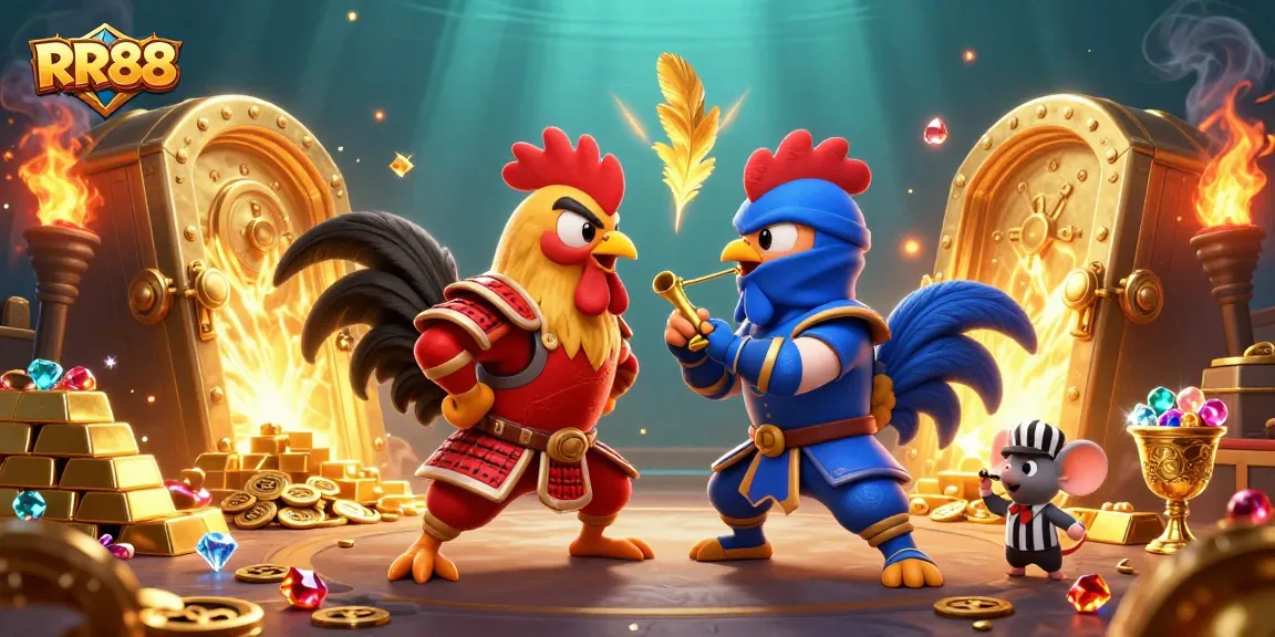 Engage with RR88's thrilling combat as cartoon roosters duel among jewels and treasures.