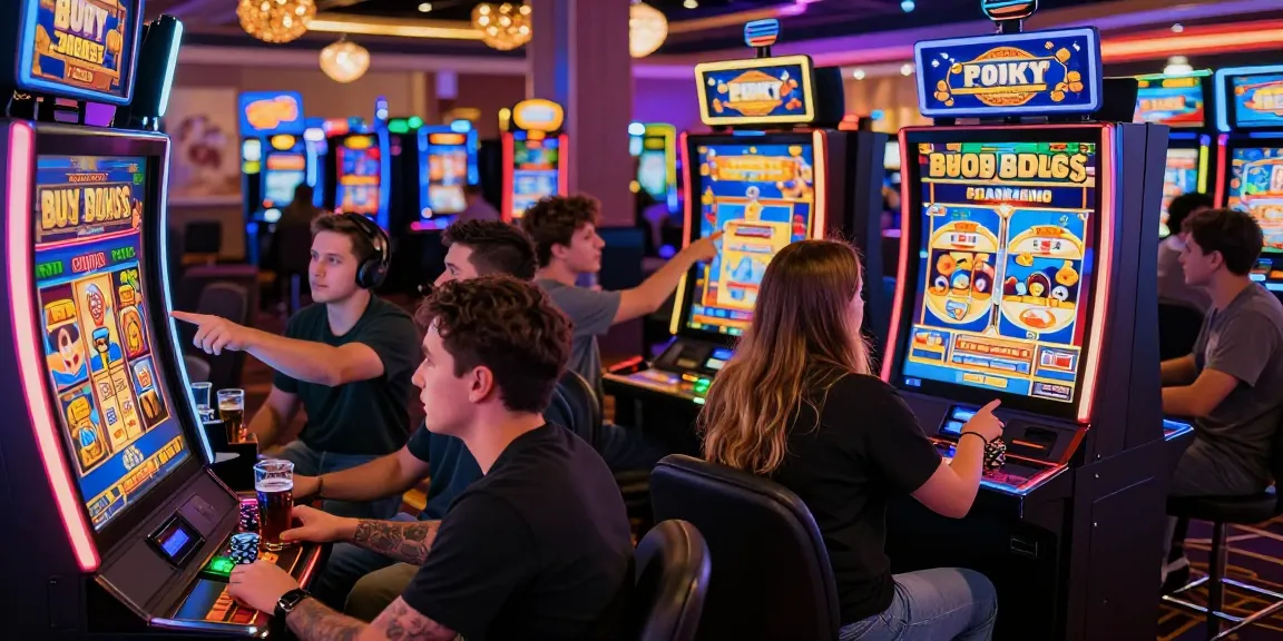 Players excitedly enjoying bonus buy slots at a bustling casino, showcasing vibrant interactions.