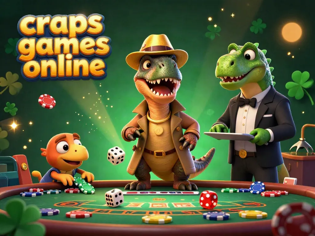 Engage in thrilling craps games online with a colorful 3D illustration of a velociraptor and dinosaurs at the table.