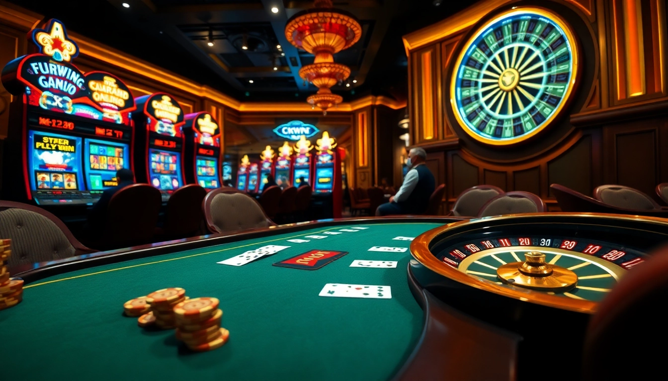 Thrilling poker game in okwin casino with luxury decor and vibrant slot machines.