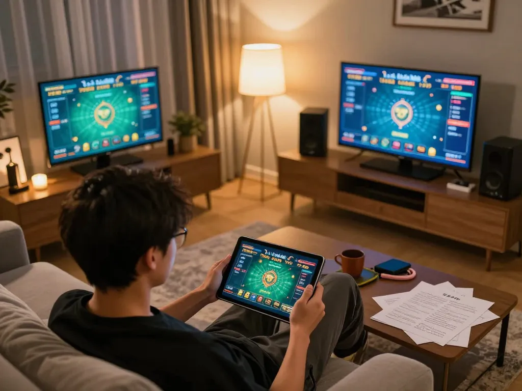 Engaging in Tài Xỉu MD5 gameplay on a tablet in a cozy home setting, highlighting strategic online gambling.