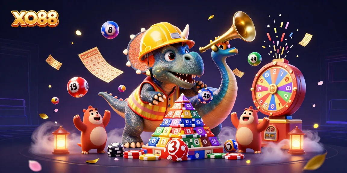 Experience winning excitement at XO88 with a triceratops and colorful gaming elements.