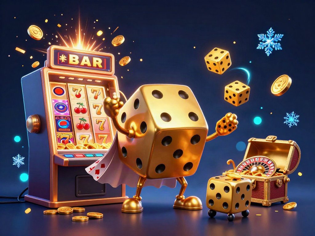 Experience the excitement of bm88 with a 3D golden dice golem and slot machine jackpot bursting with coins.