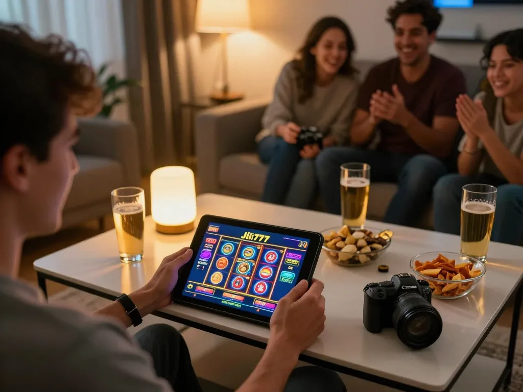 Engage with Jili777 Online Casino games on a tablet in a cozy home setting during a relaxed gaming night.
