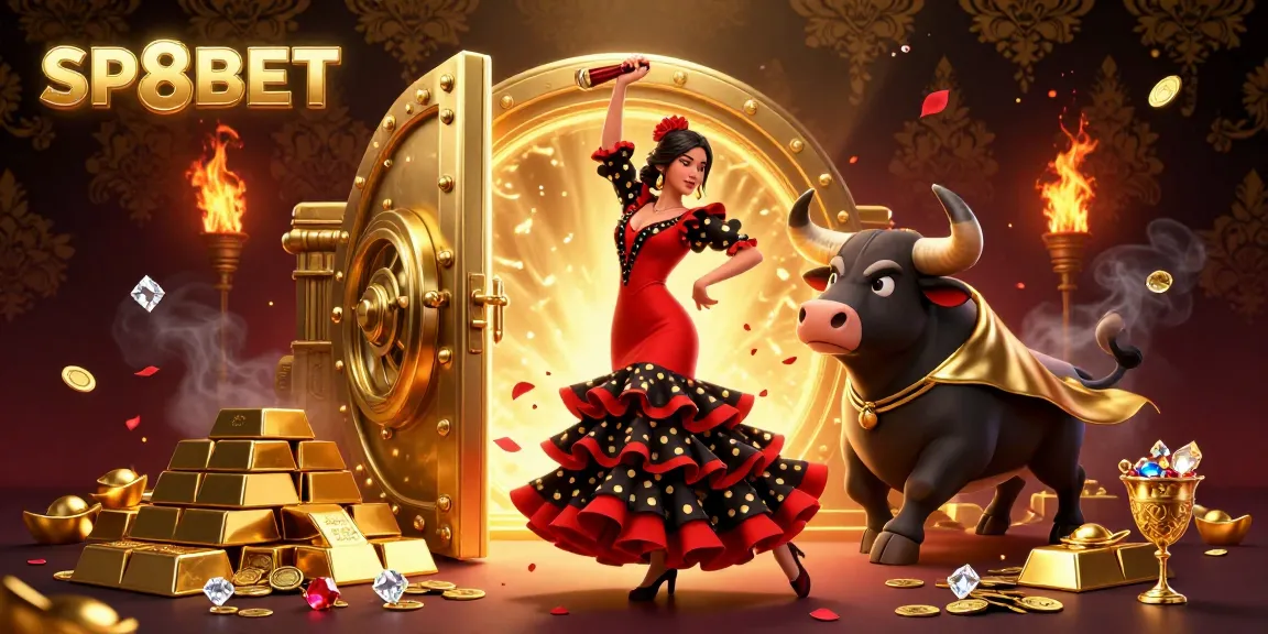 Experience thrilling wins at SP8BET with a dynamic casino-themed scene featuring dancing, treasure, and excitement.